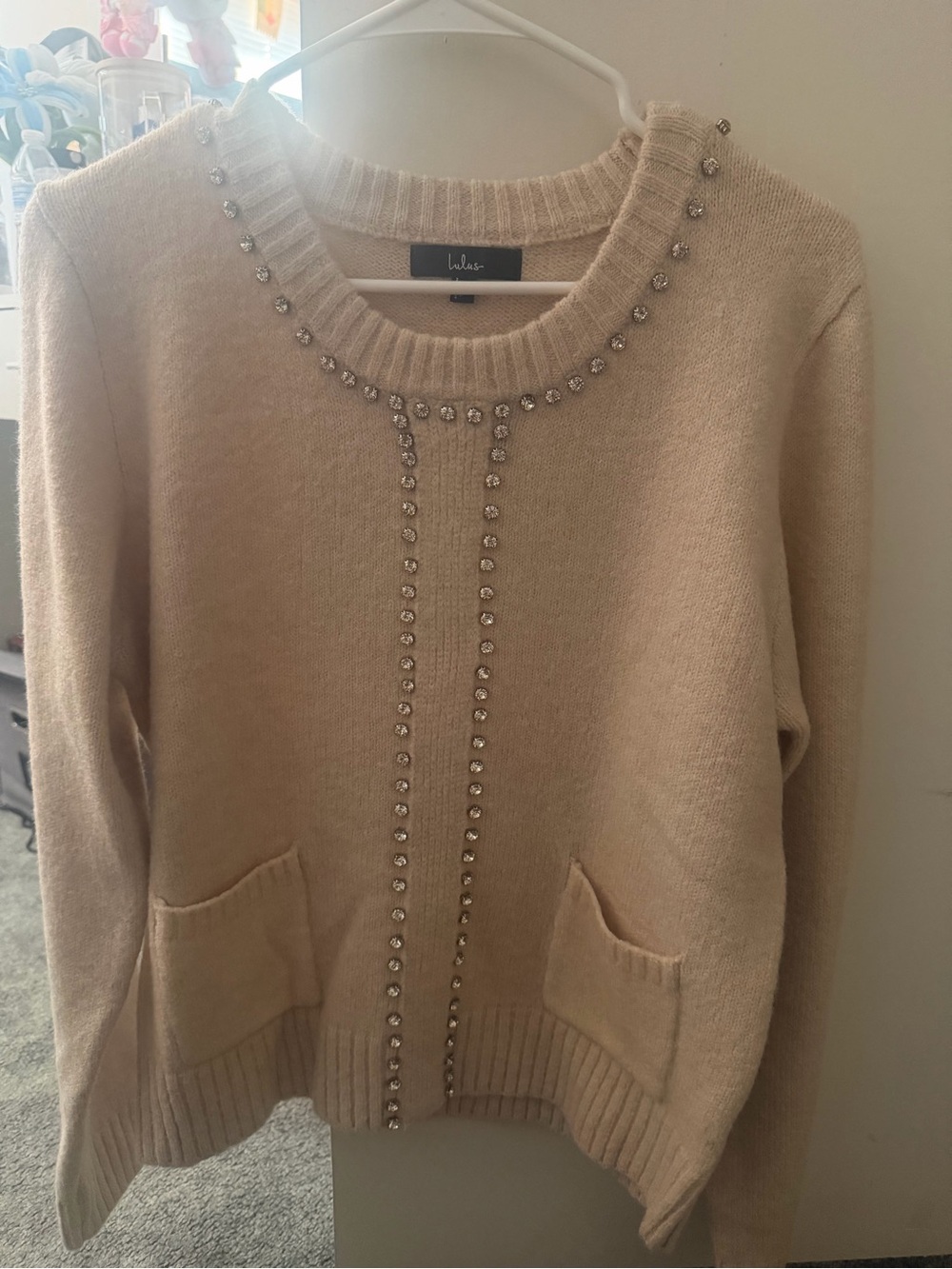 Lulu's Cream Jewel-Trim Crewneck Sweater